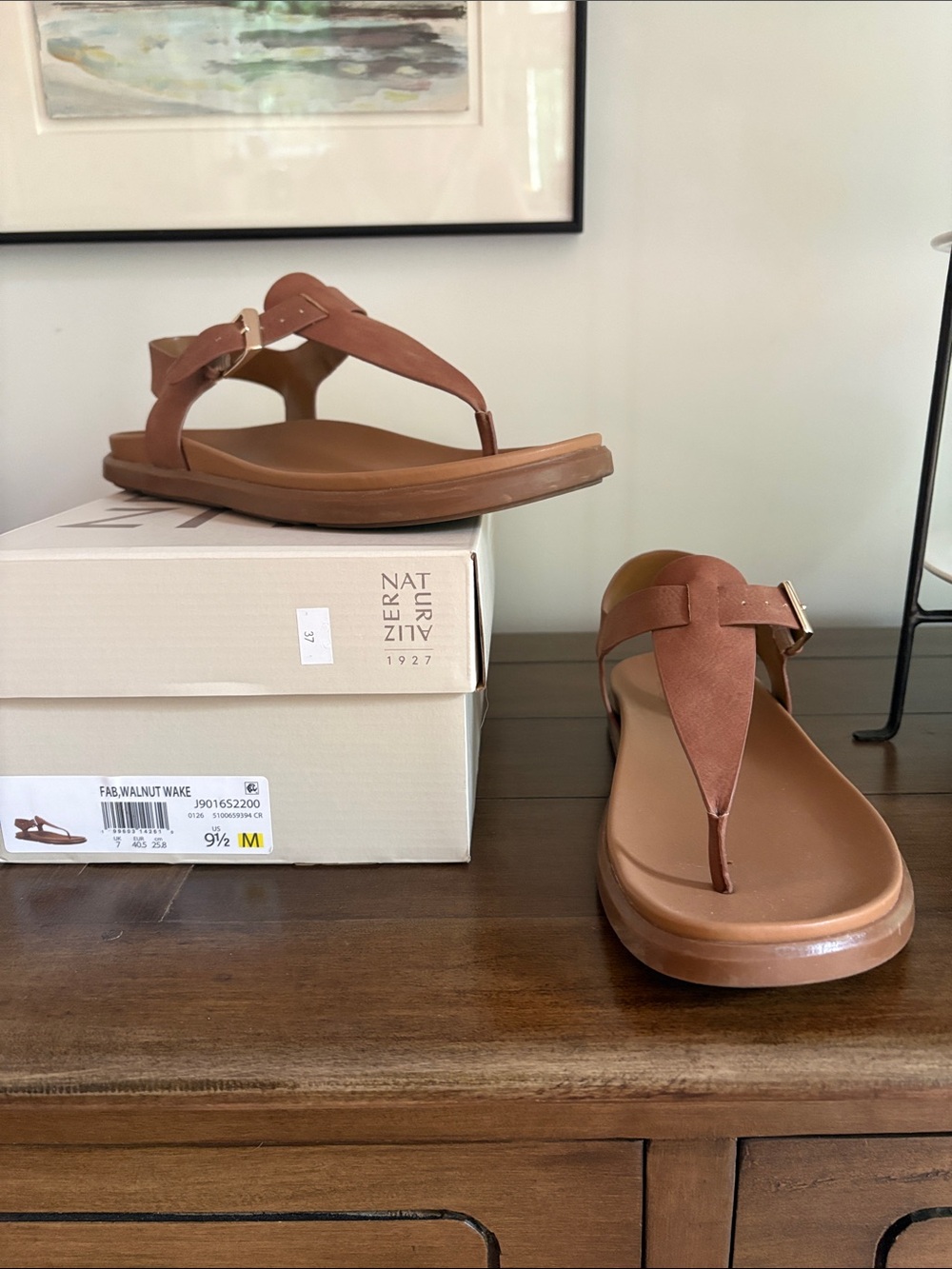Naturalizer Walnut Brown Leather T-Strap Sandals